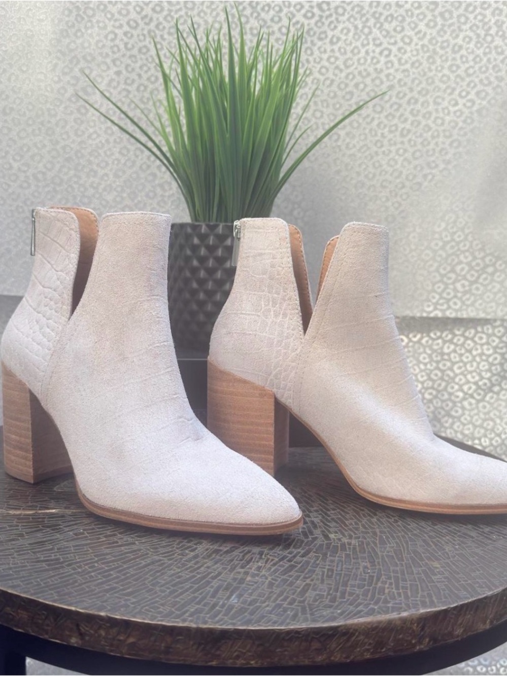Steve Madden Cream Croc-Embossed Ankle Booties with Block Heel